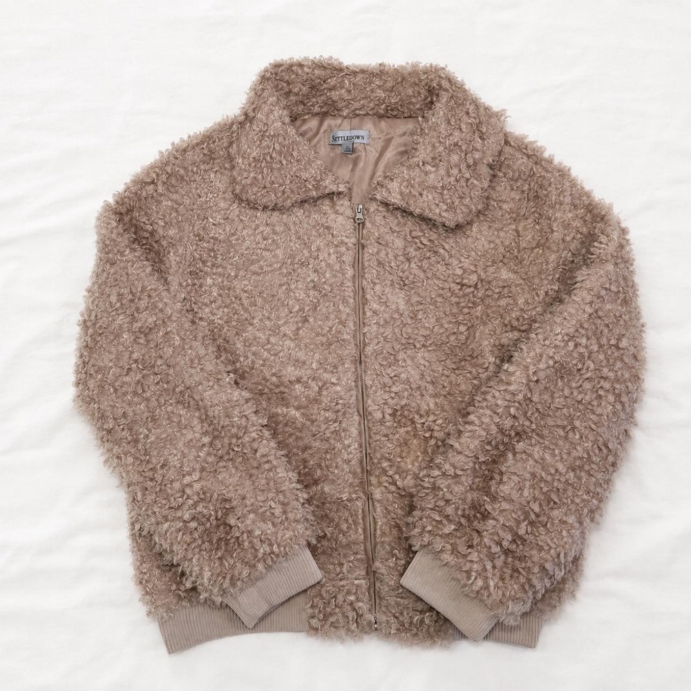 Settledown Teddy Faux Fur Jacket Tan Cream Y2K Cropped Zip Up Large